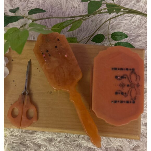 Vintage Ladies Celluloid-Bakelite Vanity  Set With Brush Scissors & Trinket Box - Picture 2 of 16